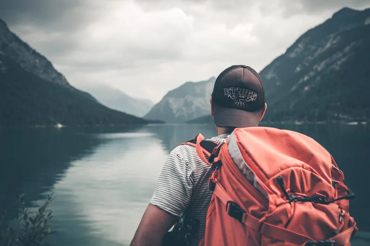 Traveler enjoying a mountain view